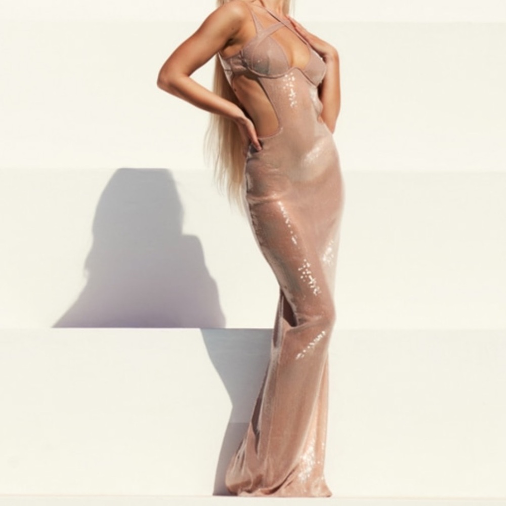 PLT Label Nude Sequin Cut Out Detail Maxi Dress
